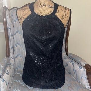 Tahari Dressy Black Sequin Halter top w sheer chiffon straps, keyhole tie back S